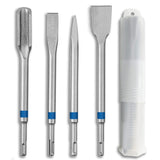 SDS Plus Chisel Set - 4Pieces. Consisting of 40mm Tile Chisel, 20mm Flat Chisel, 25mm Channel Chisel, and Pointed Chisel