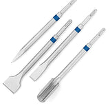 SDS Plus Chisel Set - 4Pieces. Consisting of 40mm Tile Chisel, 20mm Flat Chisel, 25mm Channel Chisel, and Pointed Chisel